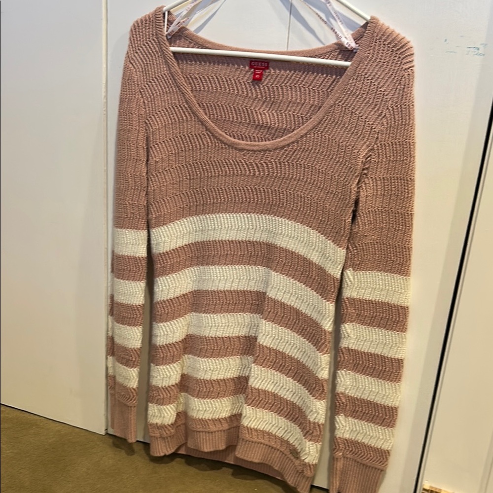 Guess Pink and White Crew Neck Sweater with Stripes